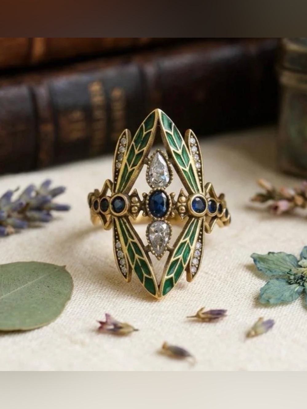 Art Nouveau Dragonfly Ring, Vintage Green Enamel Insect Jewelry - Picture 3 of 4